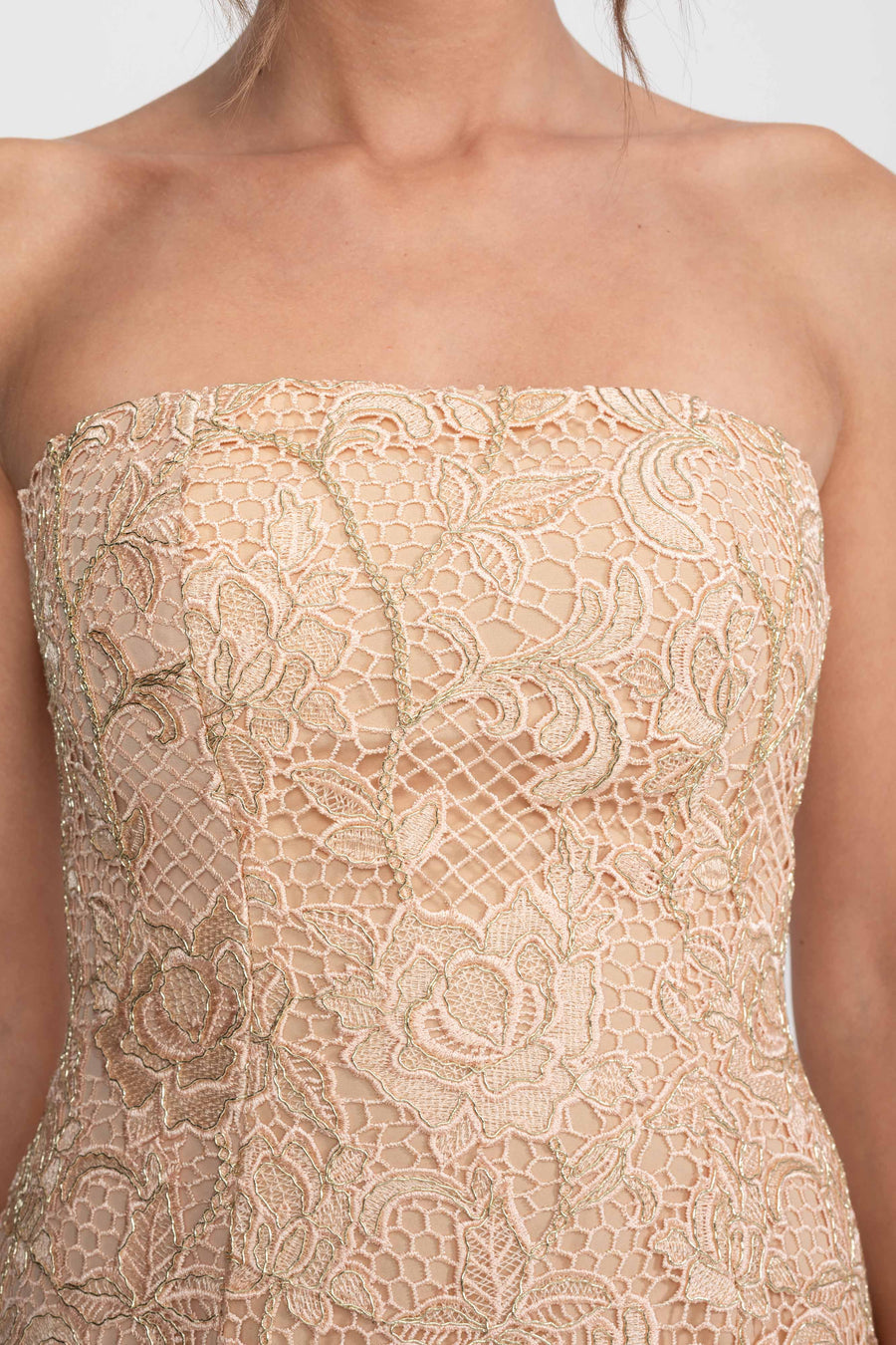 Tam A Kesim Etek Detaylı Askısız Çiçekli Dantel Ballgown - Altın