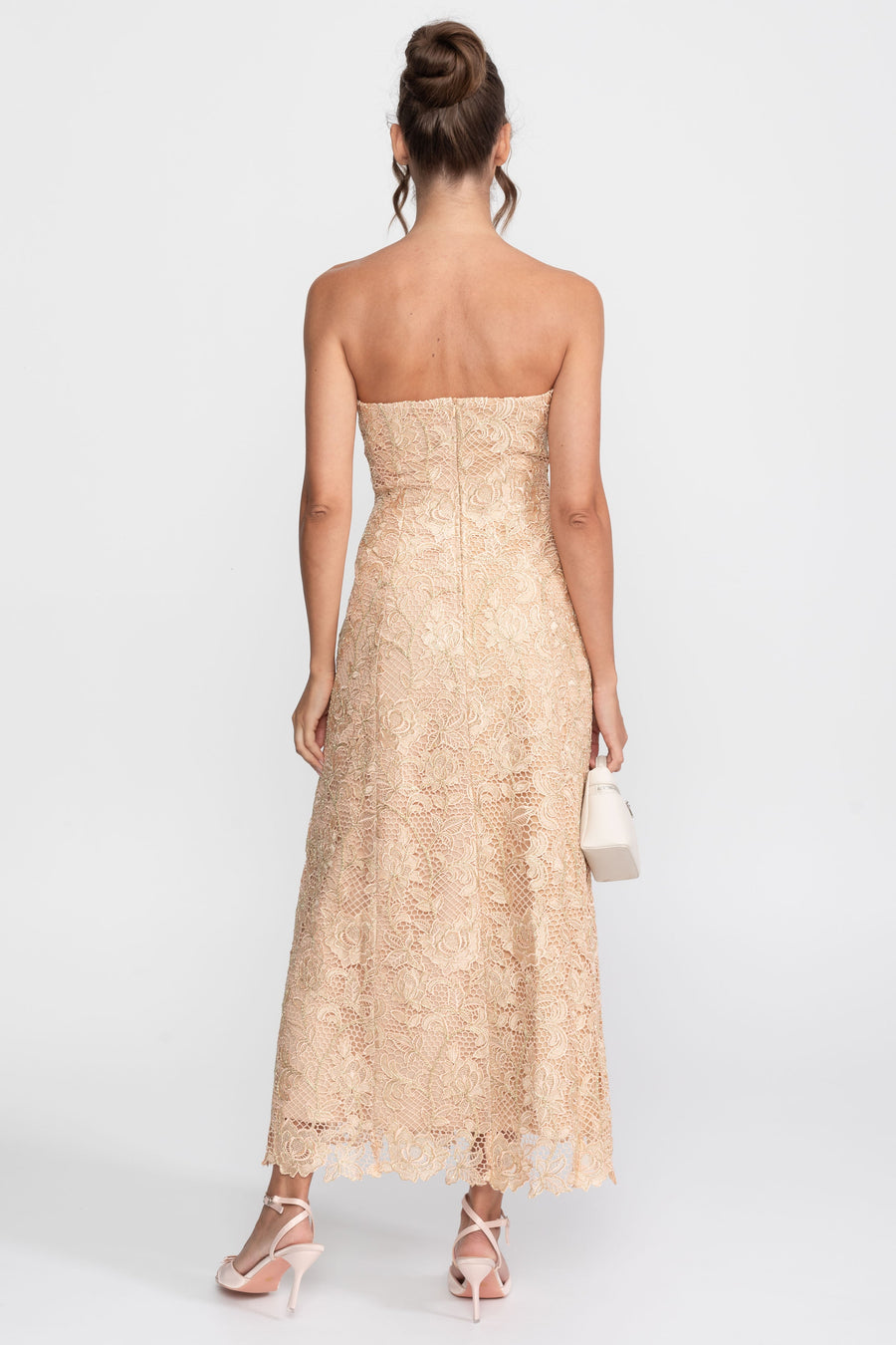 Tam A Kesim Etek Detaylı Askısız Çiçekli Dantel Ballgown - Altın