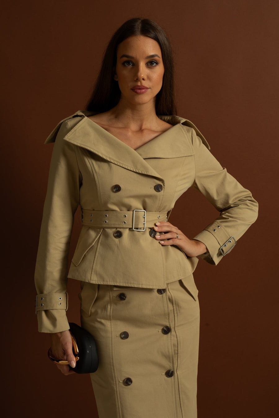 Omuzları Açık Peplum Trençkot Ceket ve Kalem Etek Takım - Haki