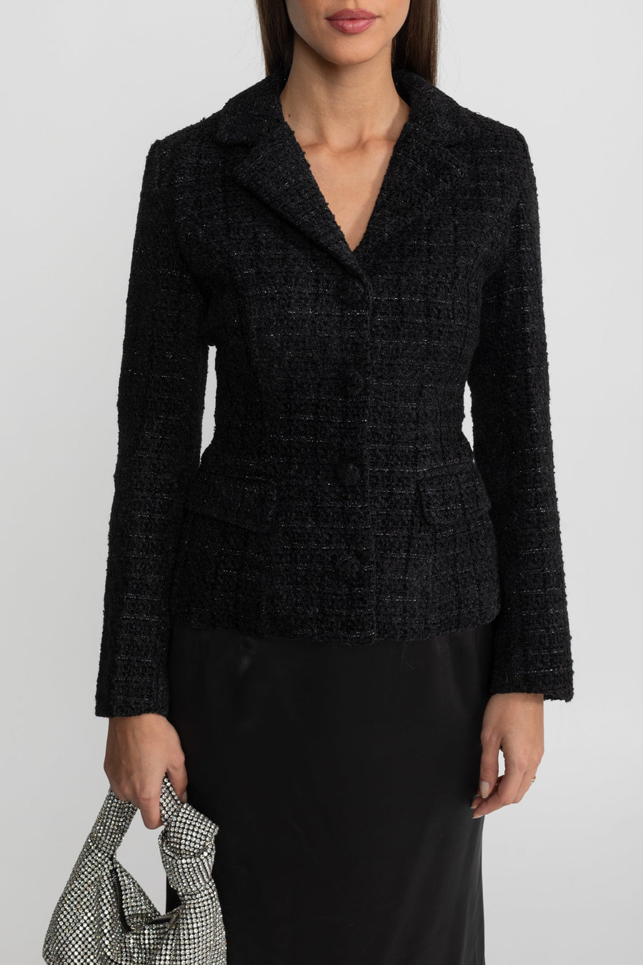 Tüvit Blazer Ceket ve Saten Maxi Etek Takım - Siyah