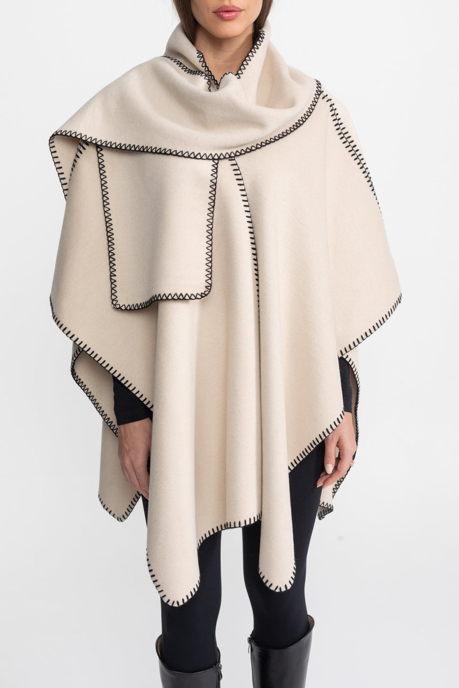 Kontrast Whipstitch Kenar Şeridi Detaylı Yün Karışımlı Poncho - Fildişi