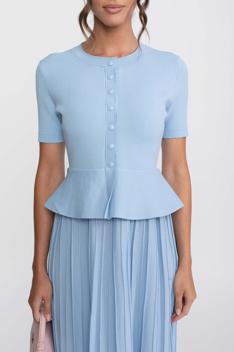 Önden Düğmeli Detaylı Peplum Triko Midi Elbise - Açık Mavi