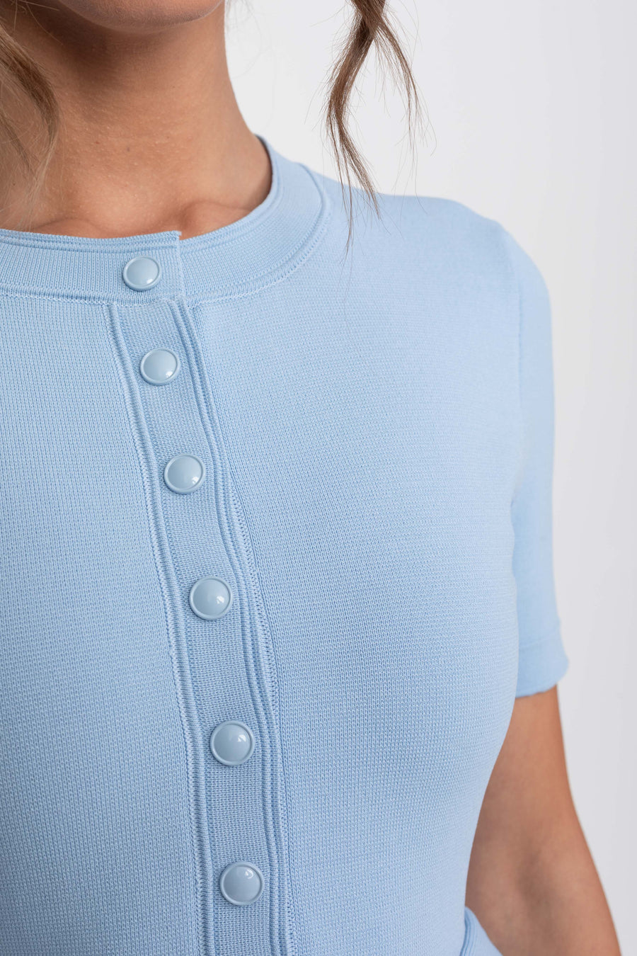 Önden Düğmeli Detaylı Peplum Triko Midi Elbise - Açık Mavi