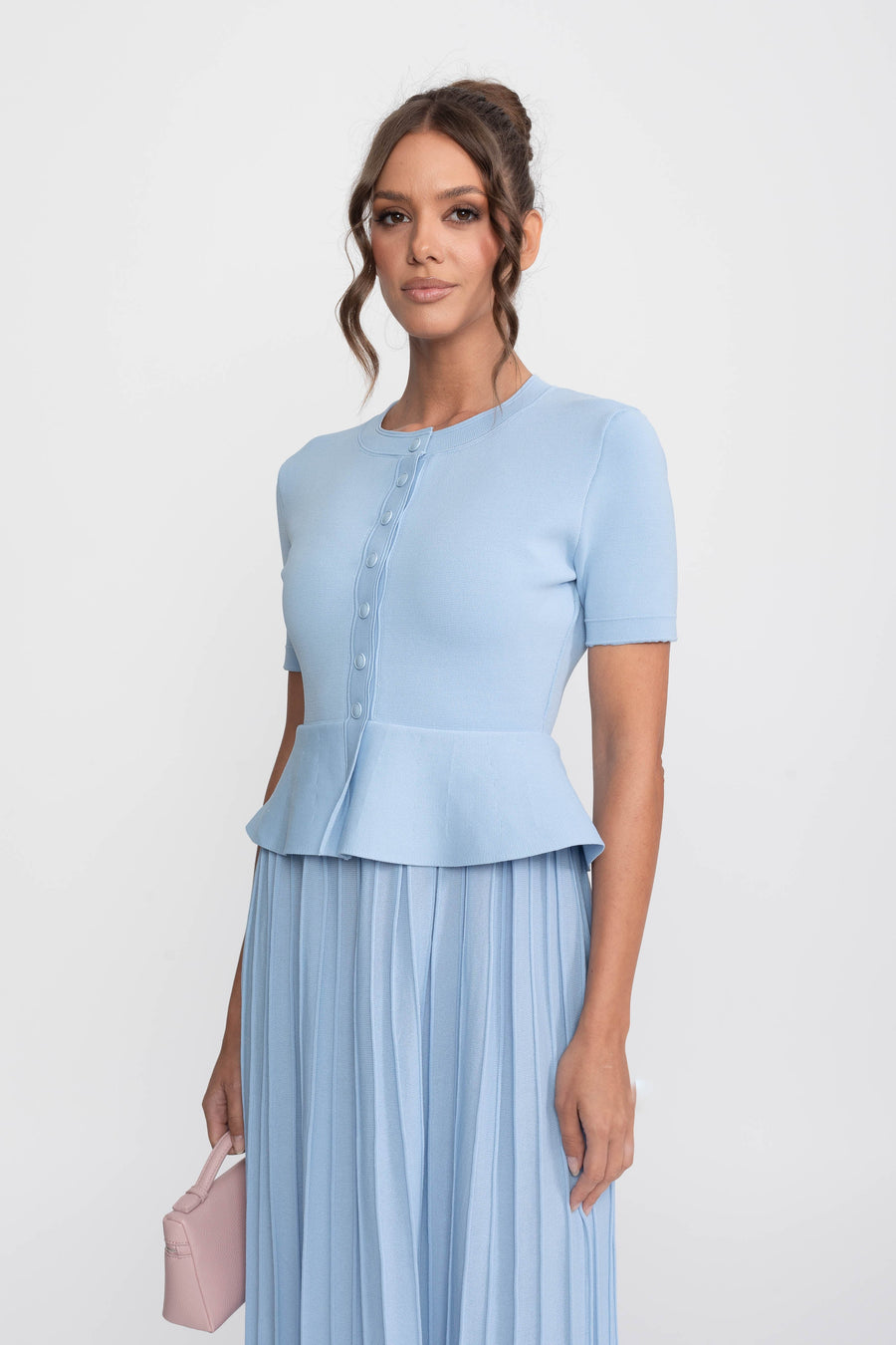 Önden Düğmeli Detaylı Peplum Triko Midi Elbise - Açık Mavi