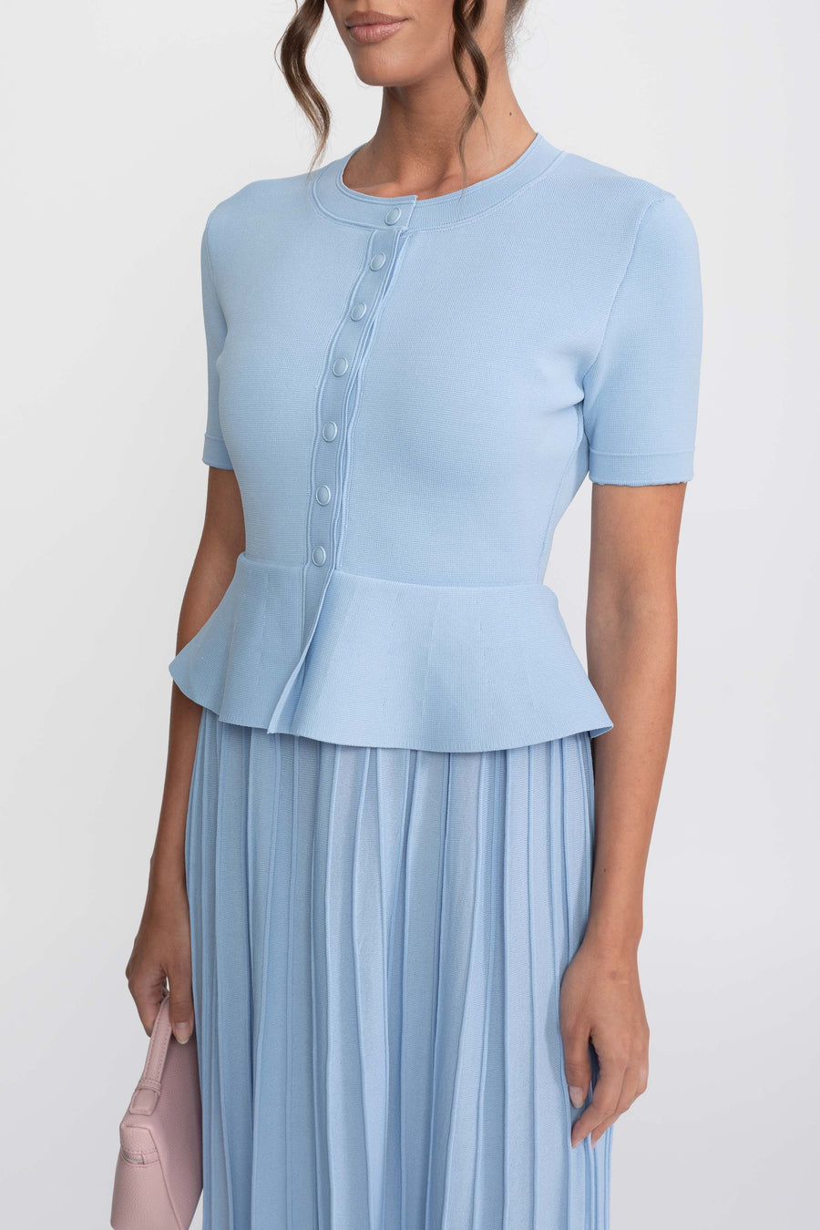 Önden Düğmeli Detaylı Peplum Triko Midi Elbise - Açık Mavi