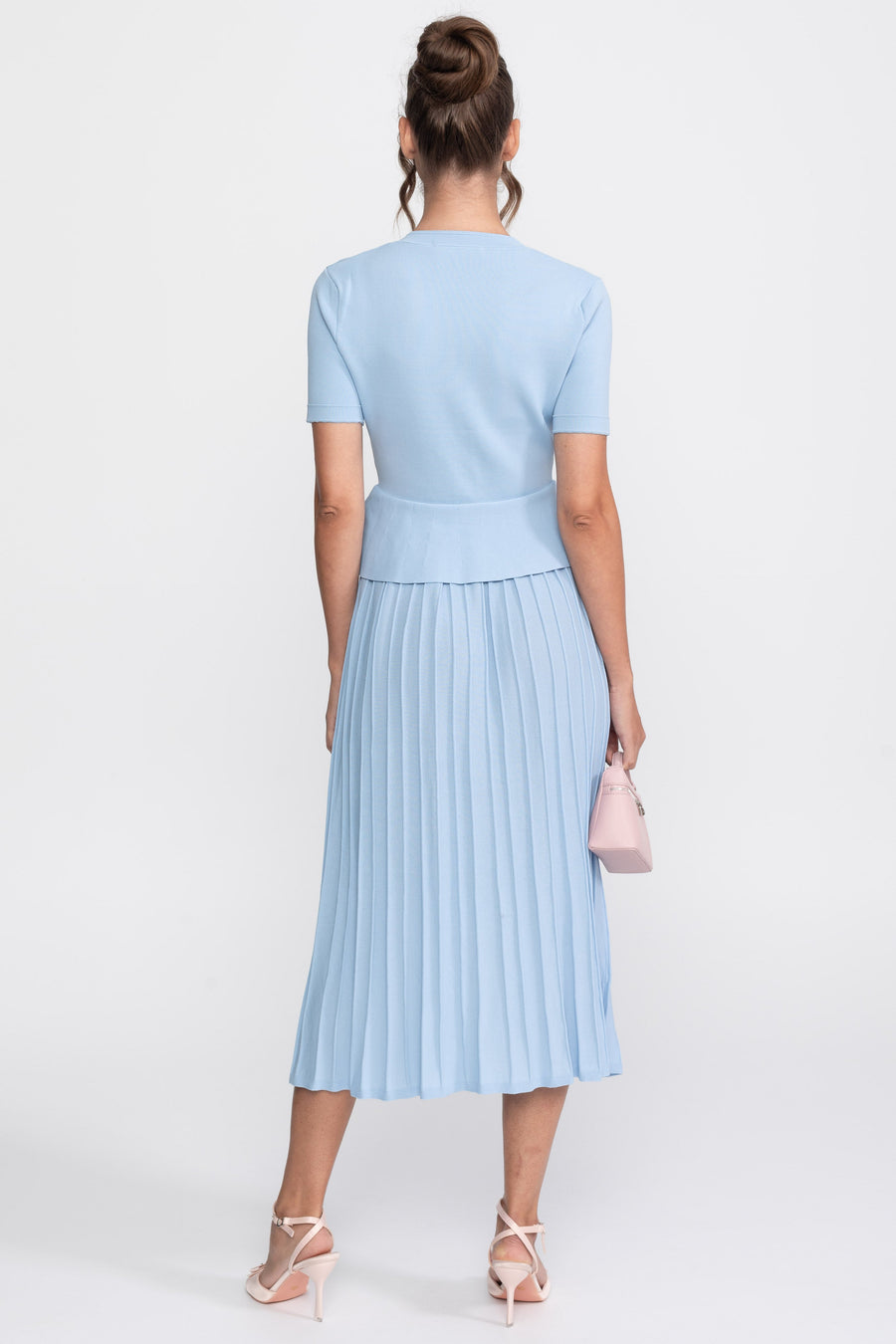 Önden Düğmeli Detaylı Peplum Triko Midi Elbise - Açık Mavi