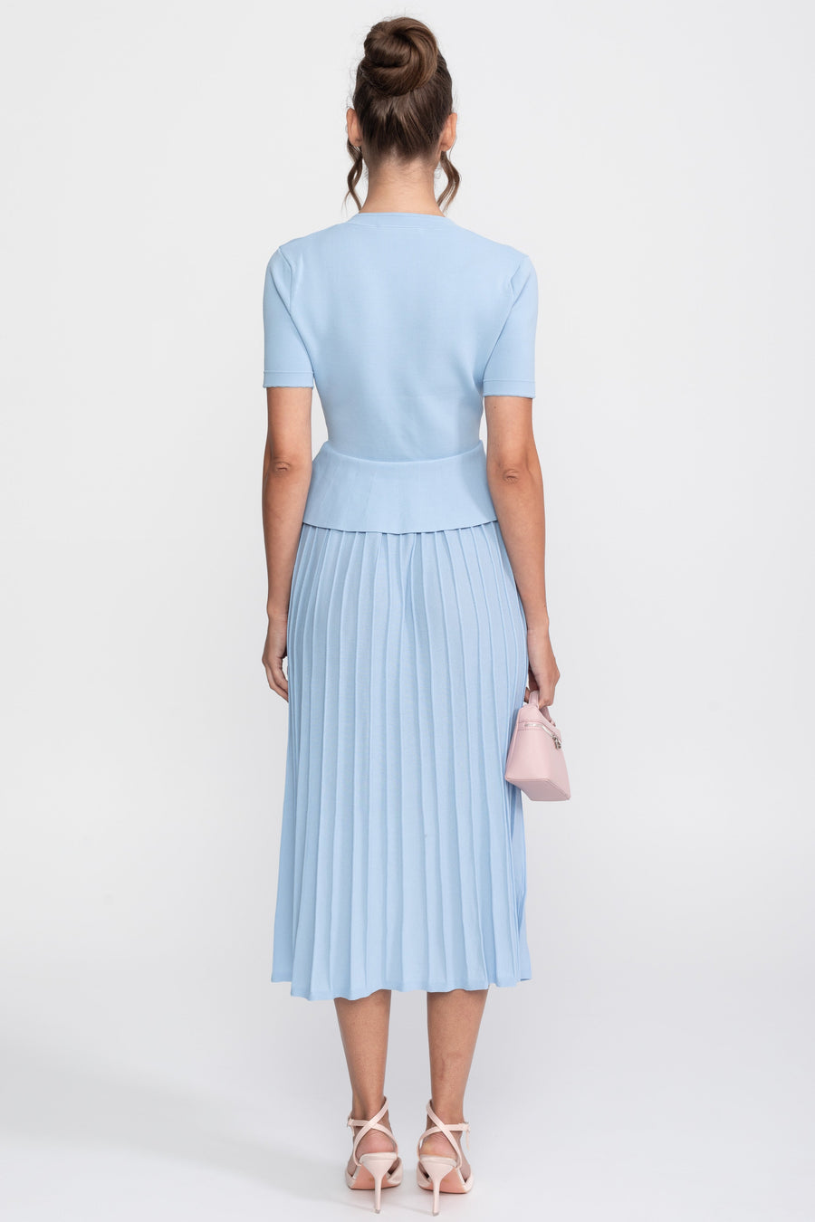 Önden Düğmeli Detaylı Peplum Triko Midi Elbise - Açık Mavi