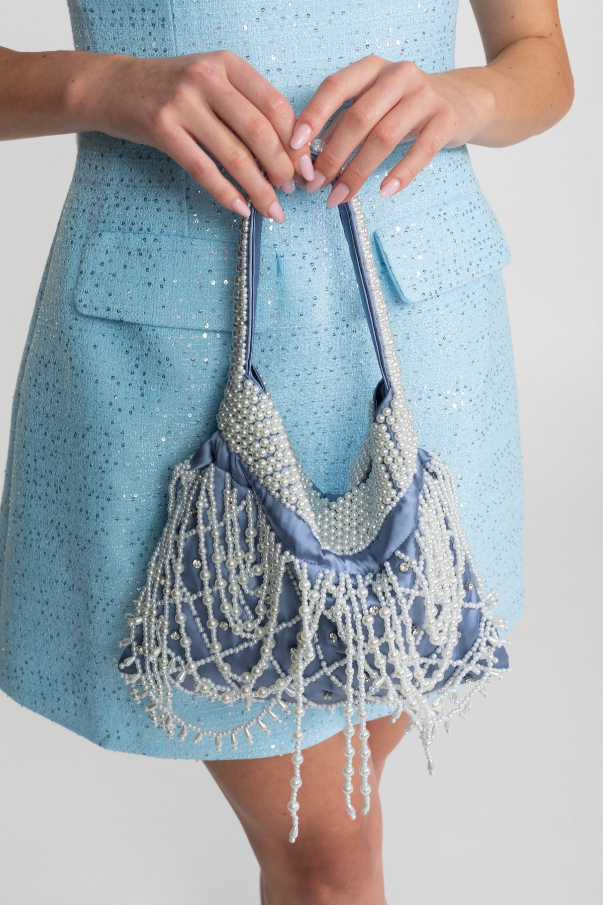 Boncuk İşlemeli Saten Mini Çanta - Mavi