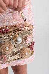 İnci Sap Detaylı Süslemeli Çiçekli Clutch Çanta - Altın