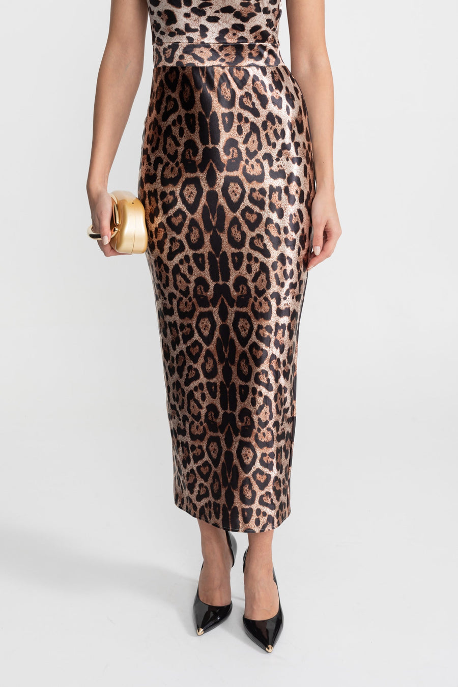 Leopar Desen Detaylı Saten Midi Elbise - Kahverengi