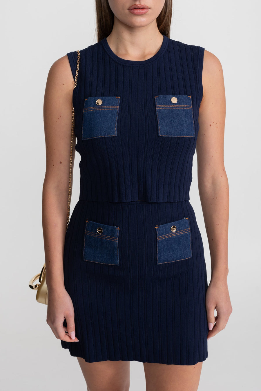 Kontrast Denim Cepler Detaylı Ribana Triko Takım - Koyu Mavi