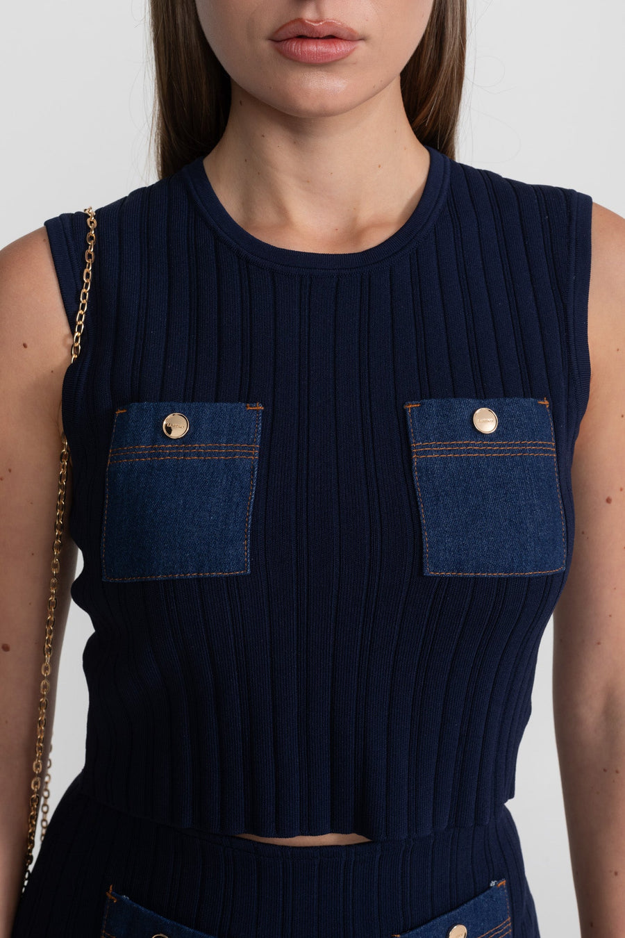 Kontrast Denim Cepler Detaylı Ribana Triko Takım - Koyu Mavi