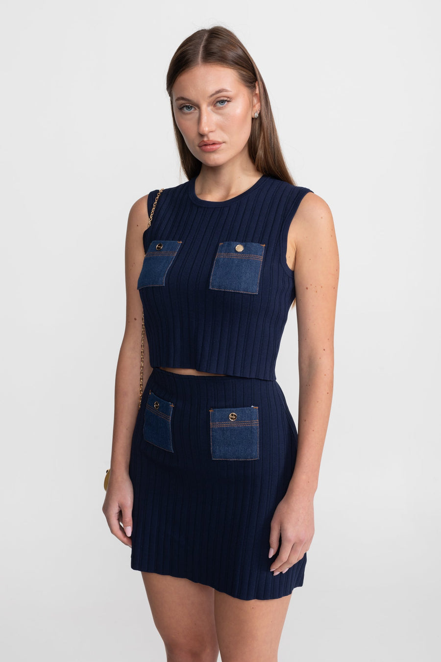 Kontrast Denim Cepler Detaylı Ribana Triko Takım - Koyu Mavi
