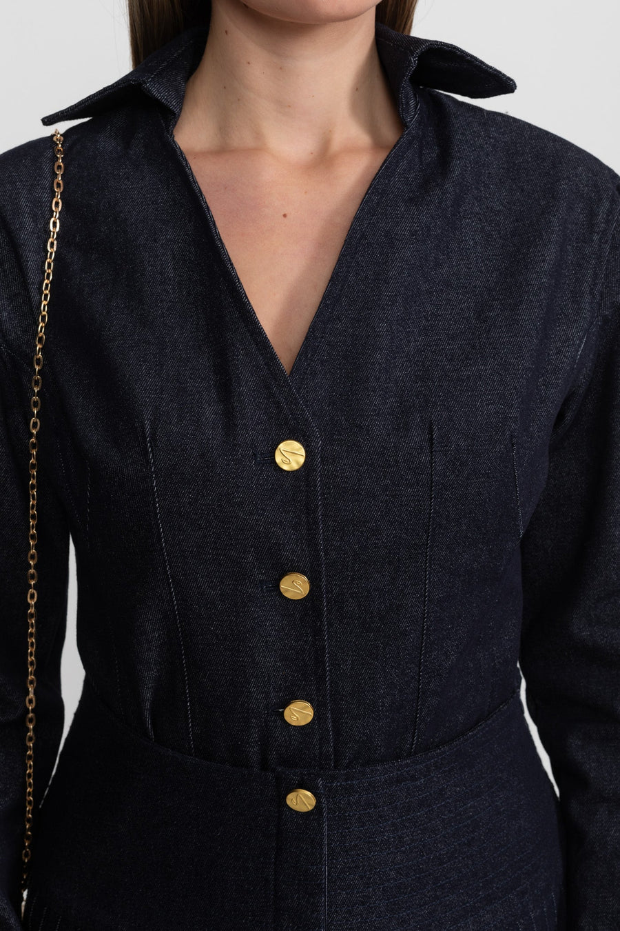 Pileli Etek ve Altın Düğmeler Detaylı Denim Takım - Koyu Mavi