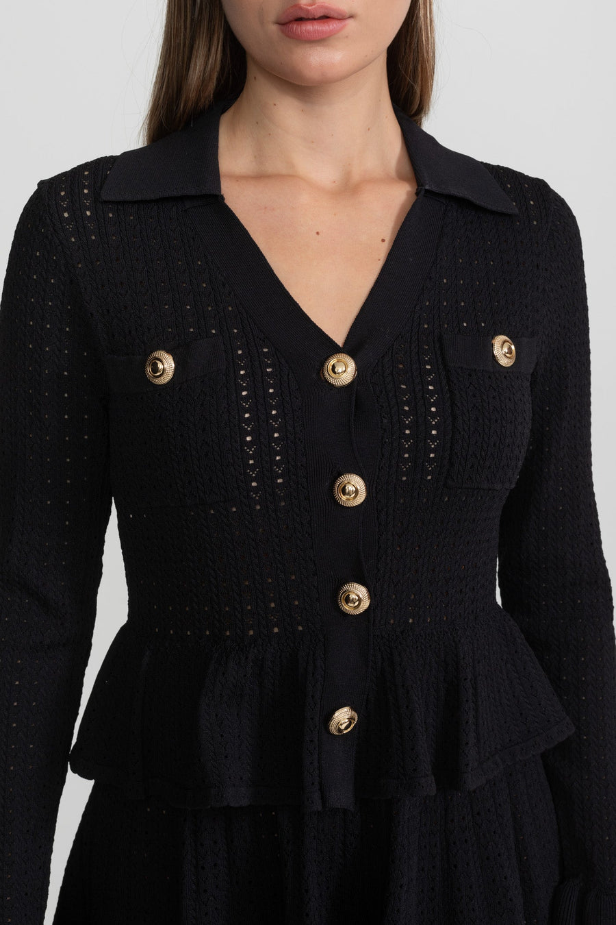 Peplum Bel ve Altın Düğme Detay Triko Mini Elbise - Siyah