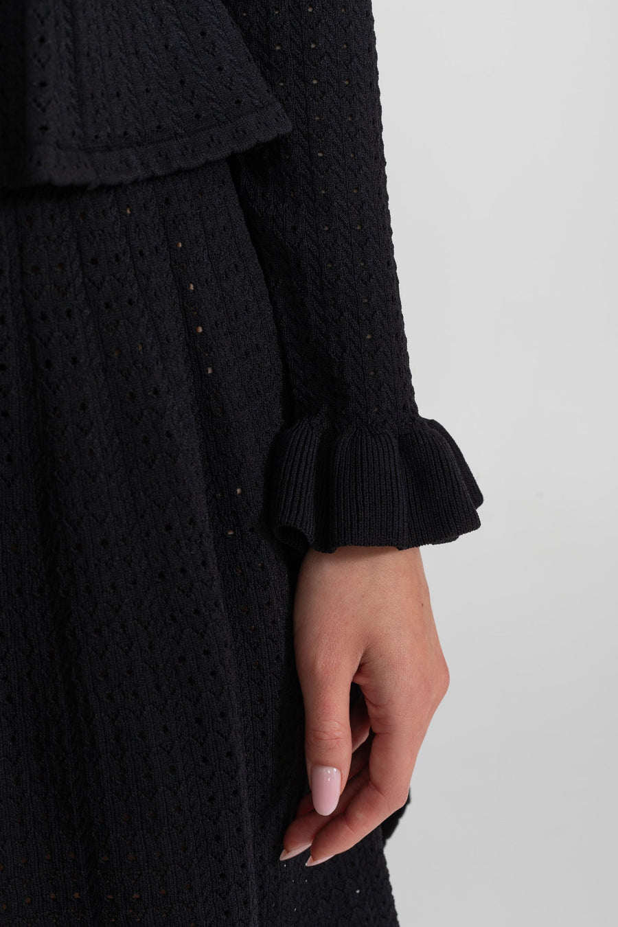 Peplum Bel ve Altın Düğme Detay Triko Mini Elbise - Siyah