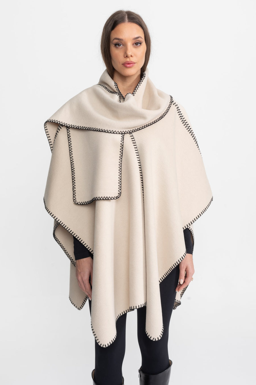 Kontrast Whipstitch Kenar Şeridi Detaylı Yün Karışımlı Poncho - Fildişi
