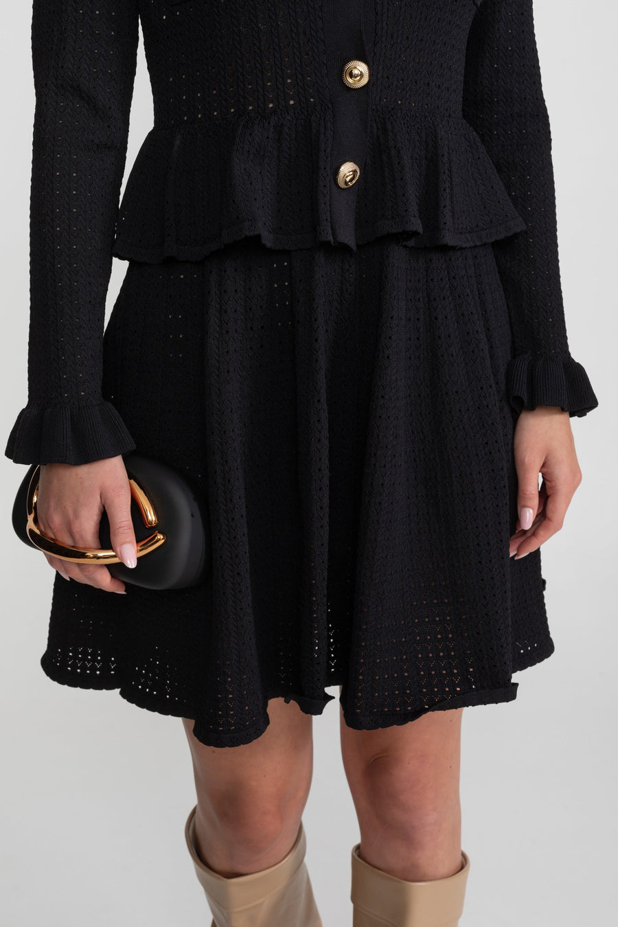 Peplum Bel ve Altın Düğme Detay Triko Mini Elbise - Siyah