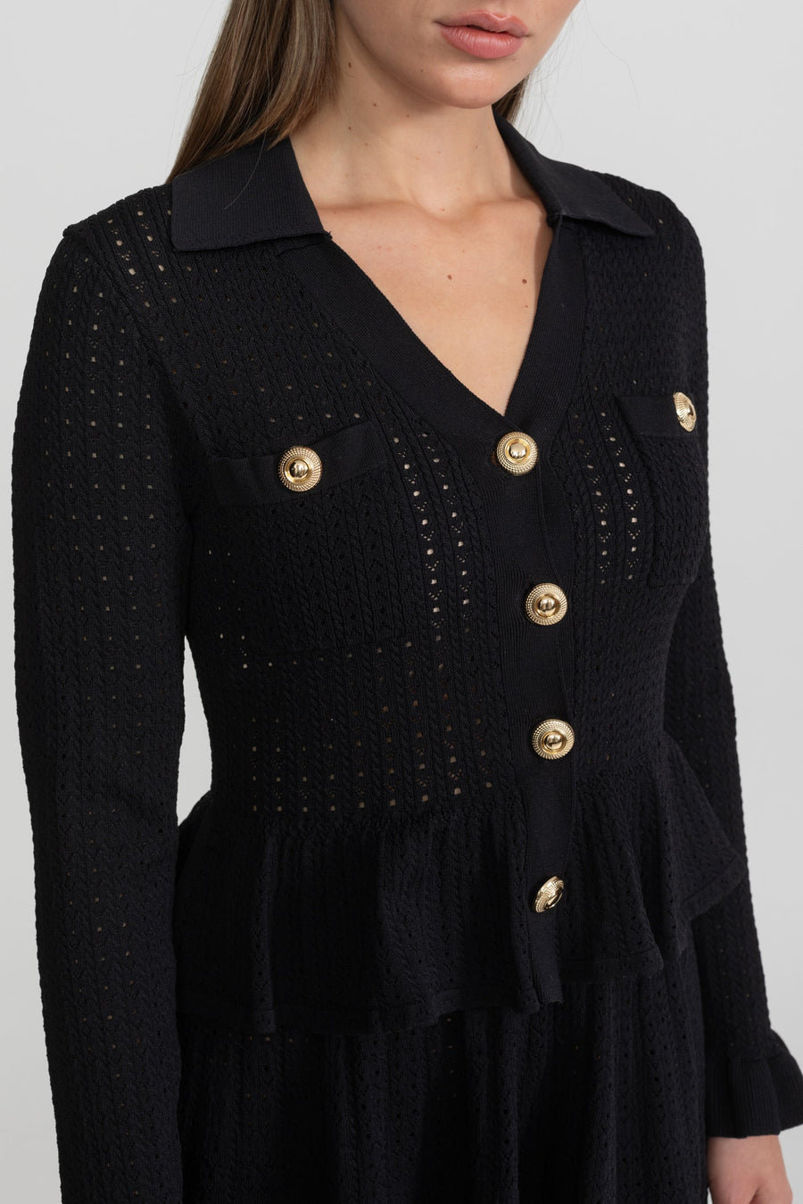 Peplum Bel ve Altın Düğme Detay Triko Mini Elbise - Siyah