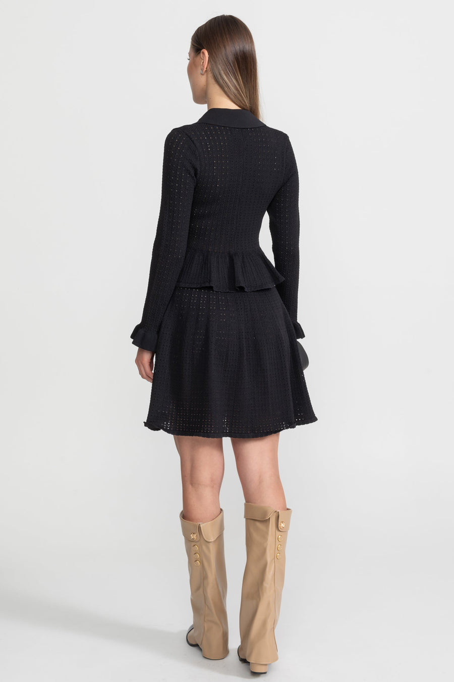 Peplum Bel ve Altın Düğme Detay Triko Mini Elbise - Siyah