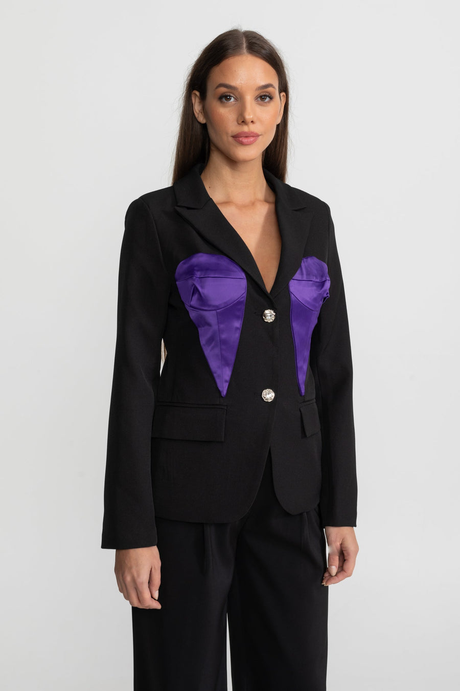 Kontrast Göğüs Panelleri Detaylı Terzi İşi Saten Panelli Blazer Ceket - Siyah & Mor