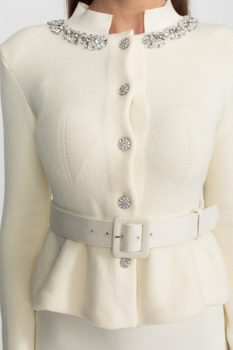 Peplum Bel ve Kristal Yaka Detaylı Midi Elbise - Fildişi