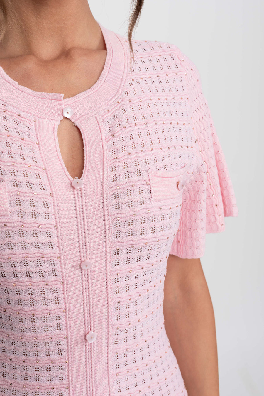Işıltılı Triko Doku Detaylı Kısa Kollu Midi Elbise - Pembe