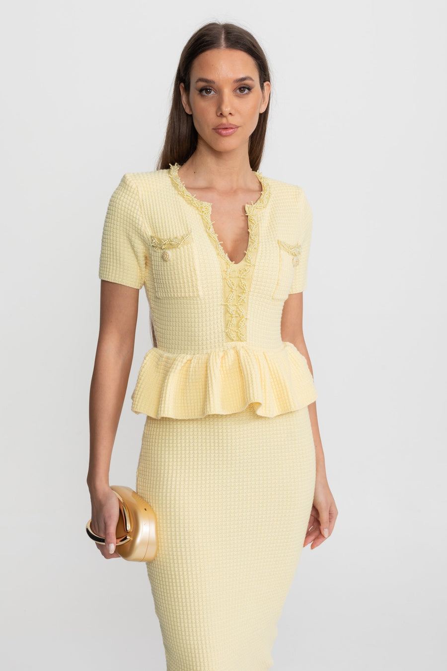 Peplum Bel Detayı Dokulu Triko Midi Elbise - Sarı
