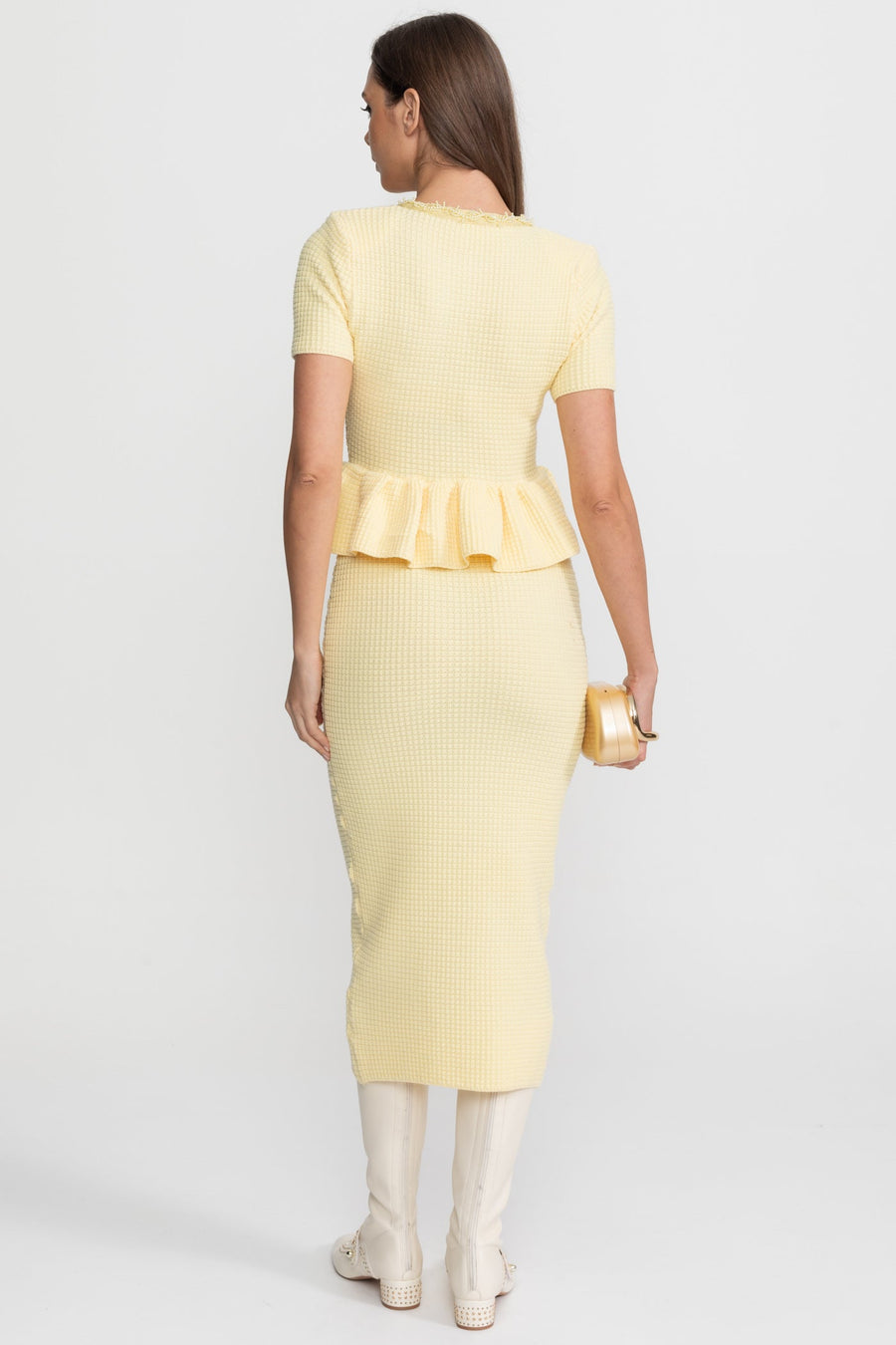 Peplum Bel Detayı Dokulu Triko Midi Elbise - Sarı