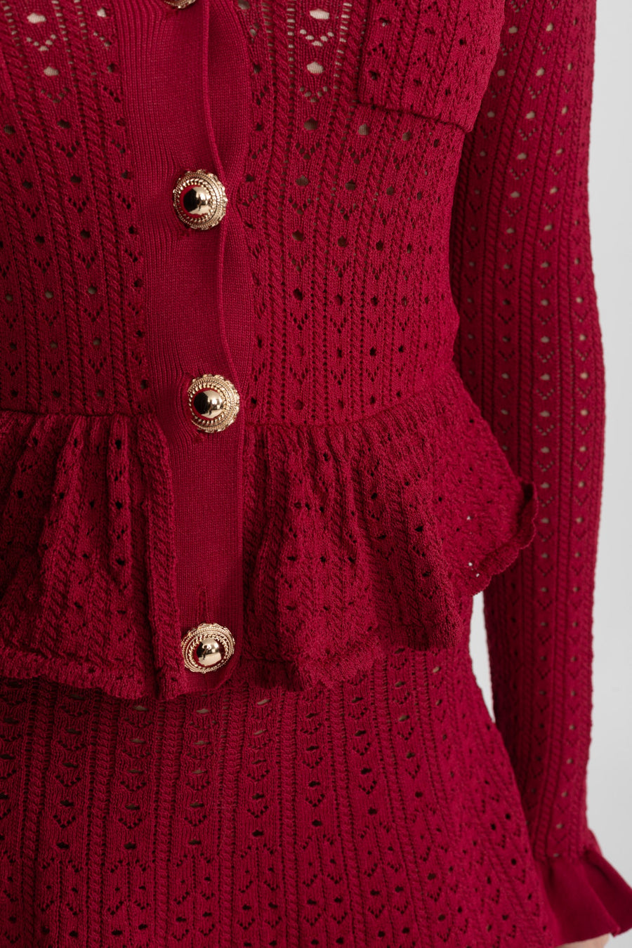 Peplum Etek Ucu Detaylı Ajur Triko Mini Elbise - Koyu Kırmızı