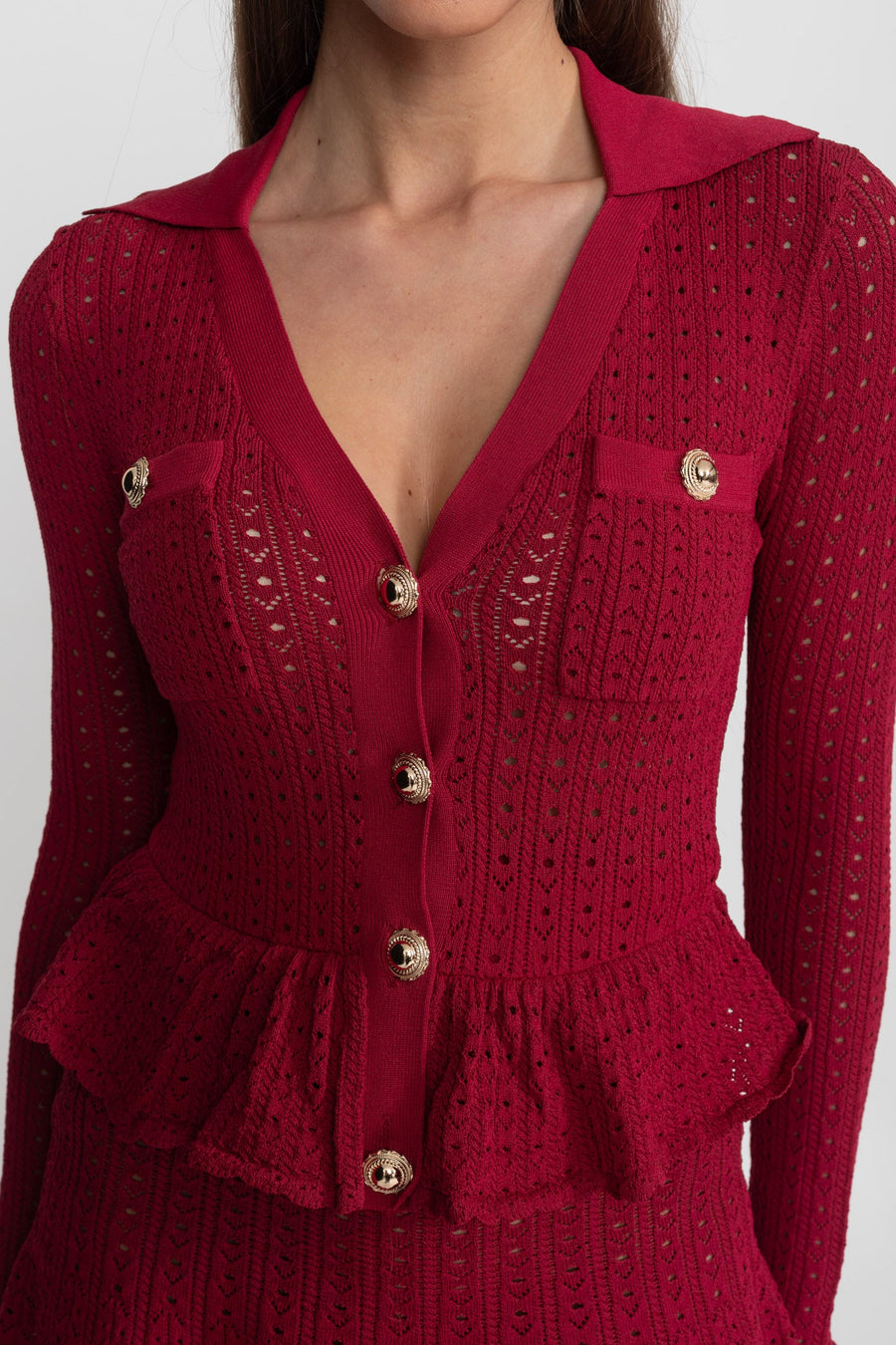Peplum Etek Ucu Detaylı Ajur Triko Mini Elbise - Koyu Kırmızı