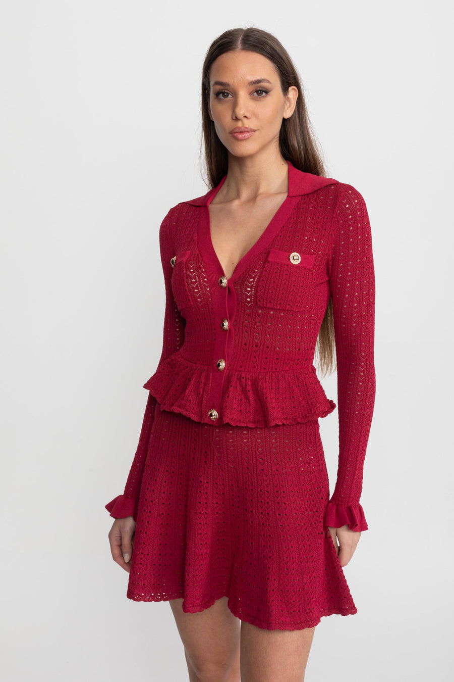 Peplum Etek Ucu Detaylı Ajur Triko Mini Elbise - Koyu Kırmızı