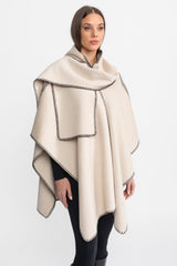Kontrast Whipstitch Kenar Şeridi Detaylı Yün Karışımlı Poncho - Fildişi