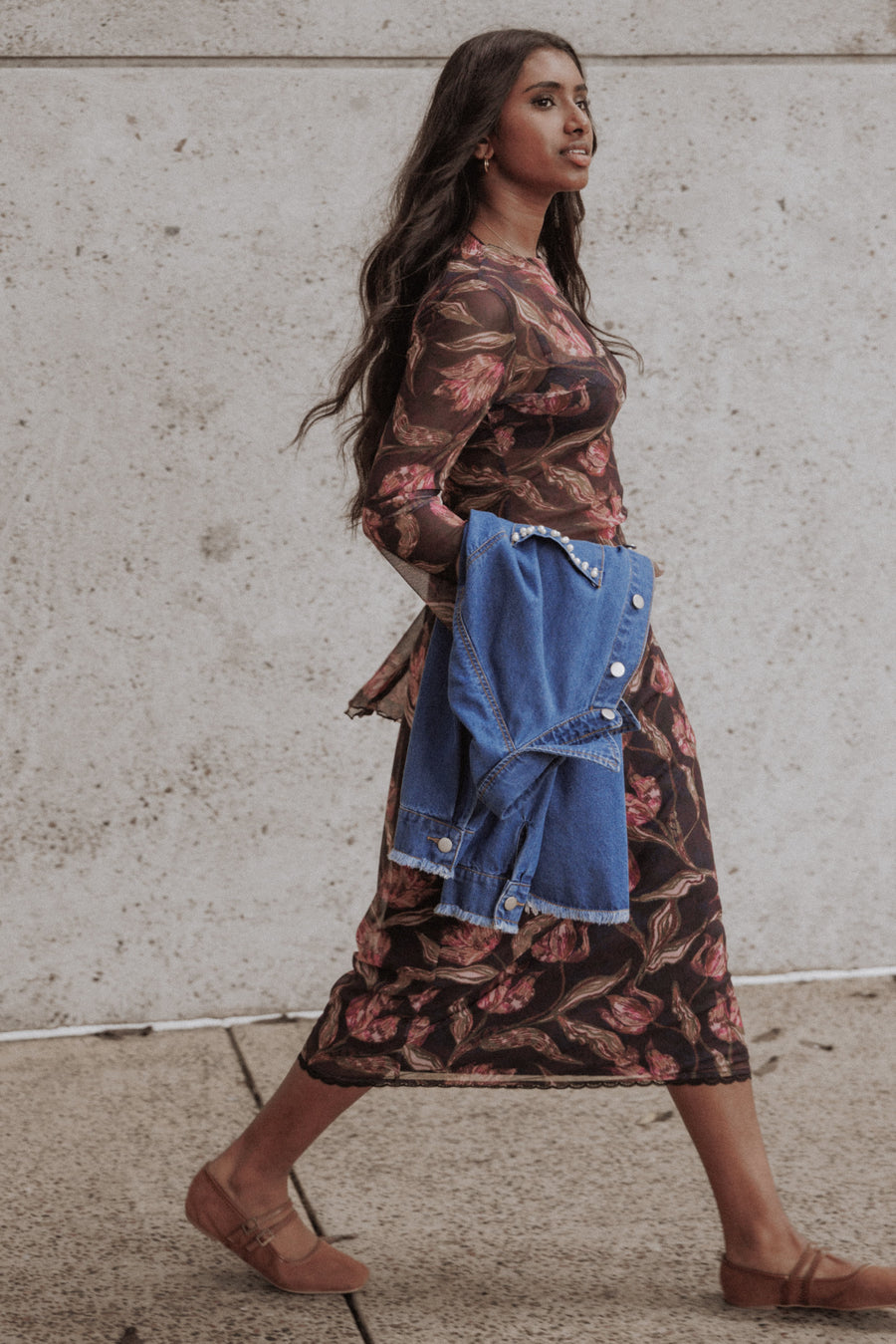 Steele Koyu Erik Moru Çiçek Desenli File Etek Takımı