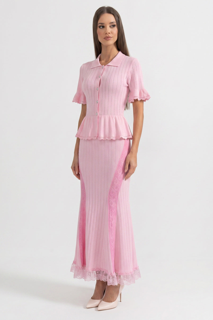 Dantel Etek Ucu Detaylı Bebe Yaka Triko Peplum Maxi Elbise - Pembe