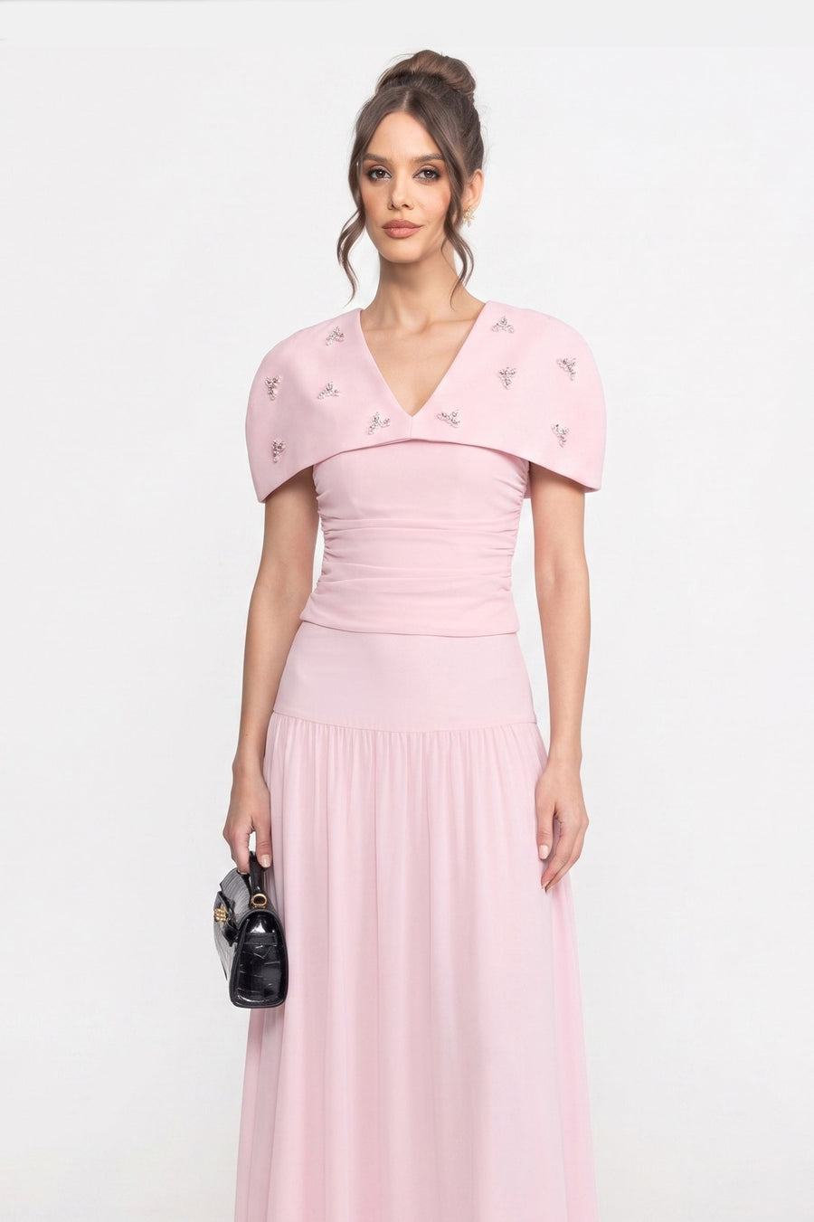 Büzgülü Üst, Çıkarılabilir Pelerin ve Maxi Etek Detaylı 3-Piece Takım - Pembe