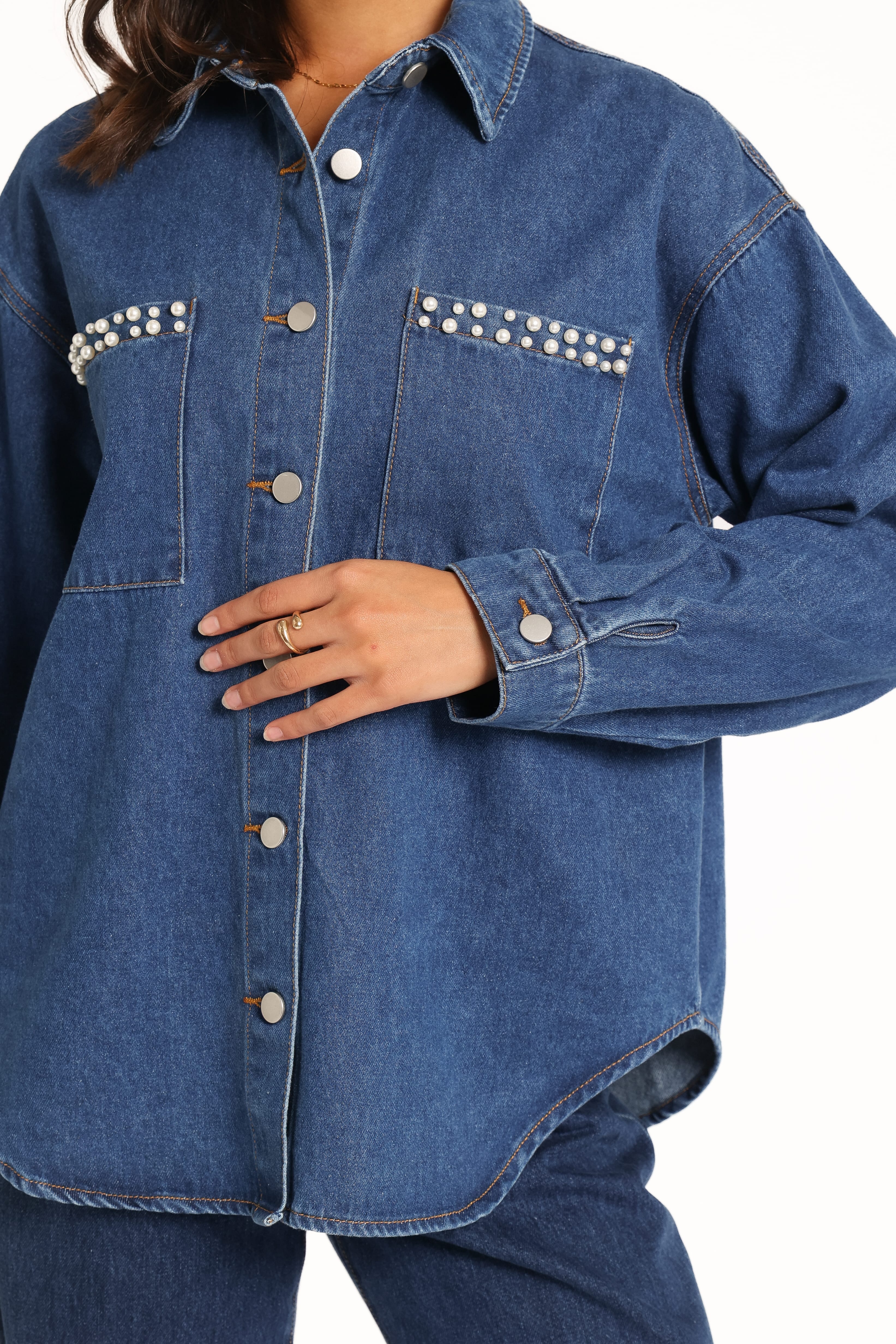 Mariska İndigo İnci Detaylı Denim Gömlek