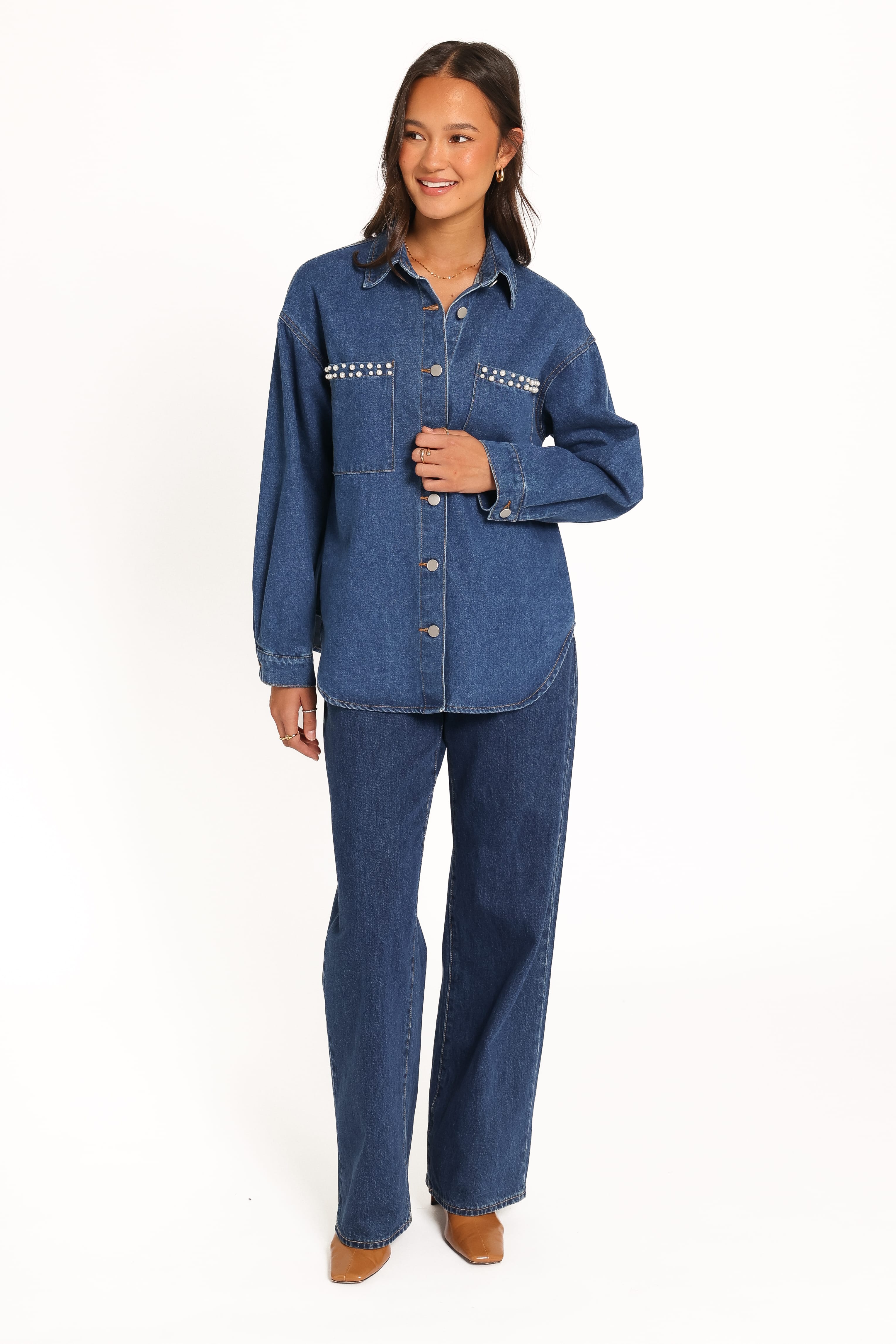 Mariska İndigo İnci Detaylı Denim Gömlek