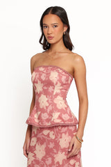 Mera Toprak Rengi Çiçek Desenli Peplum Bluz