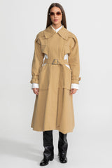 Kemerli Bel ve Kargo Cepler Detaylı Dekolteli Trençkot Kaban - Bej