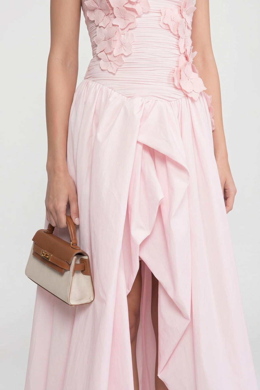 3D Çiçek Üst Beden ve Tam Etek Detaylı Askısız Ballgown - Pembe