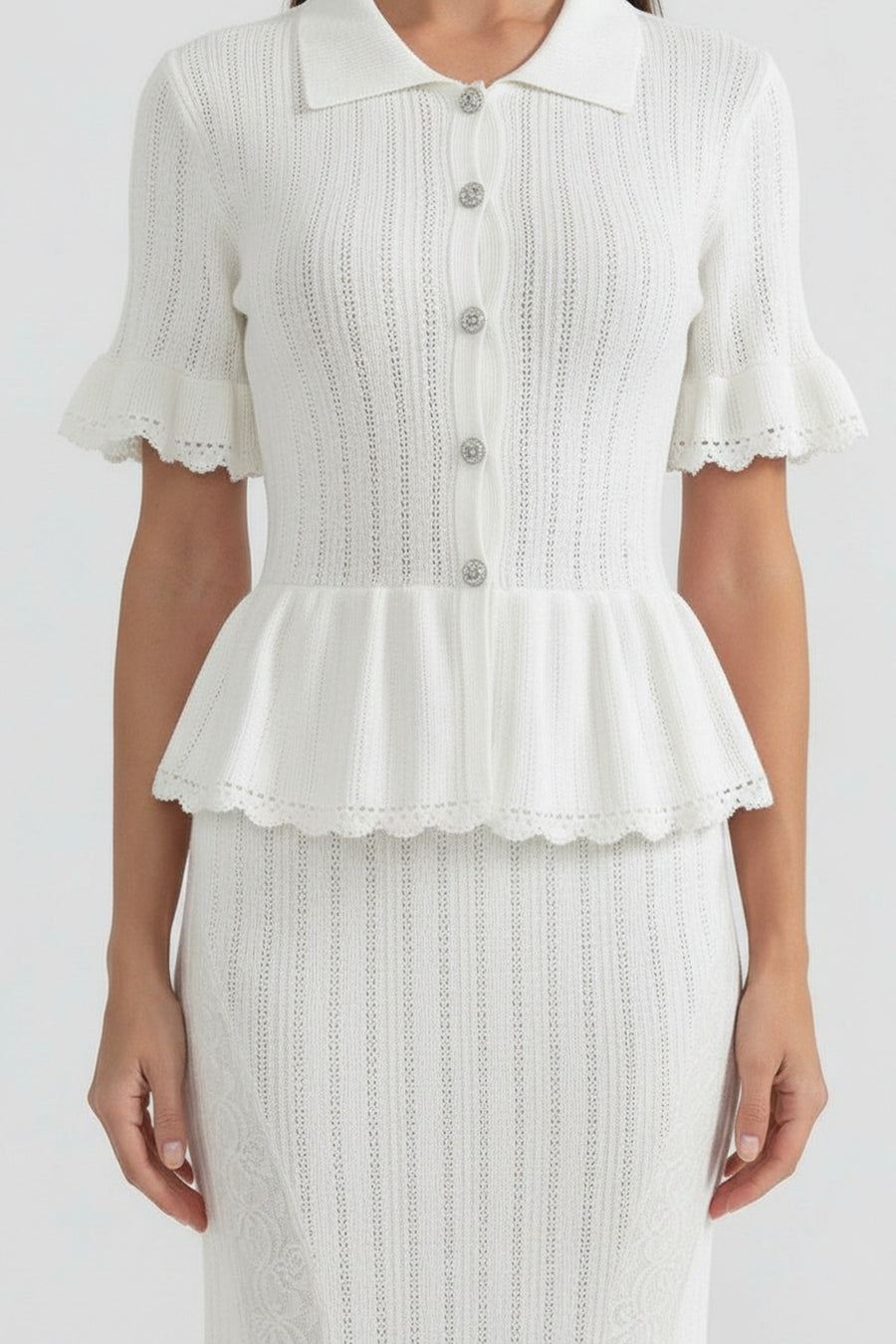 Dantel Etek Ucu Detaylı Bebe Yaka Triko Peplum Maxi Elbise - Beyaz