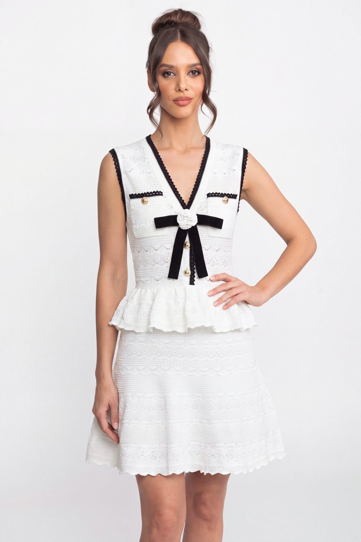 Kontrast Şerit ve Fiyonk Detaylı Peplum Triko Mini Elbise - Beyaz