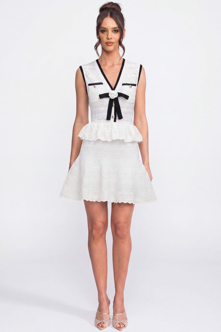 Kontrast Şerit ve Fiyonk Detaylı Peplum Triko Mini Elbise - Beyaz