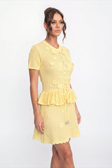Bağcıklı Bel Detaylı Çiçekli Tığ İşi Peplum Mini Elbise - Sarı