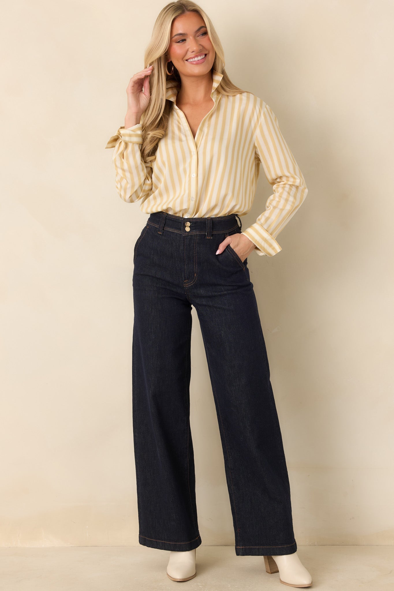 Koyu İndigo Yüksek Bel Bol Paça Denim Pantolon